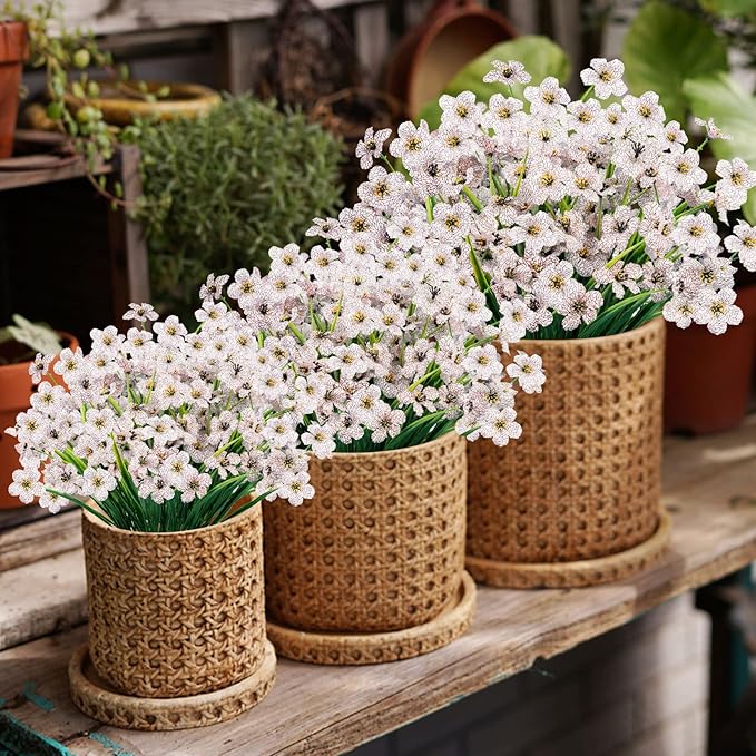 Lnoicy 12 Pcs Artificial Flowers for Outdoor,Plastic Flowers Decoration, UV Resistant Faux Flowers Shrubs, Artificial Plants for Indoor Outside Garden Home Wedding Farmhouse(White)