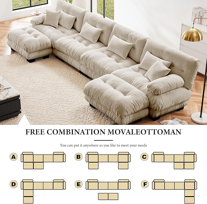 173.2" Oversized Couch, 4 Seater Modular Sectional Sofa, Beige Large U Shaped Sectional Fluffy Couch Set, Chenille Cloud Couches with Ottoman, Deep Seat Sofas for Living Room