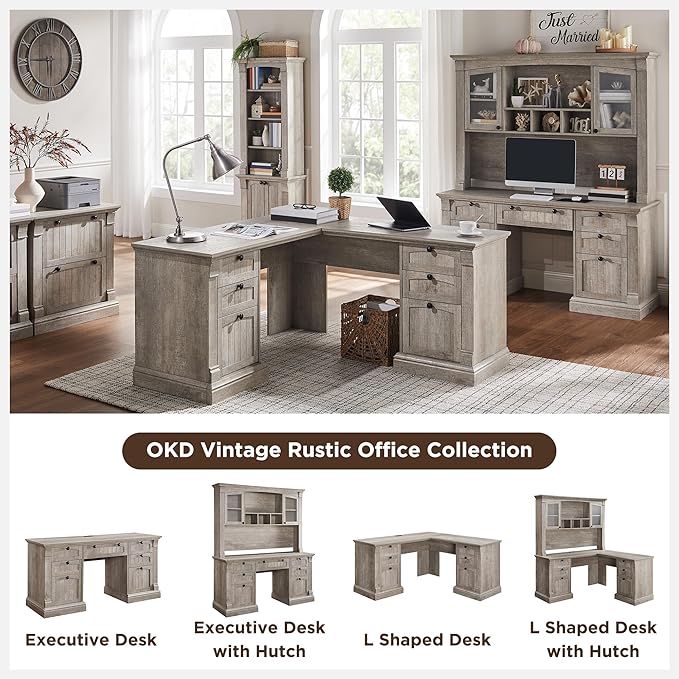OKD 60" L Shaped Executive Desk with Drawers, Farmhouse Home Office Desk with Charging Station, File Cabinet Storage, Wood Corner Computer Desk for Work and Study, Light Rustic Oak