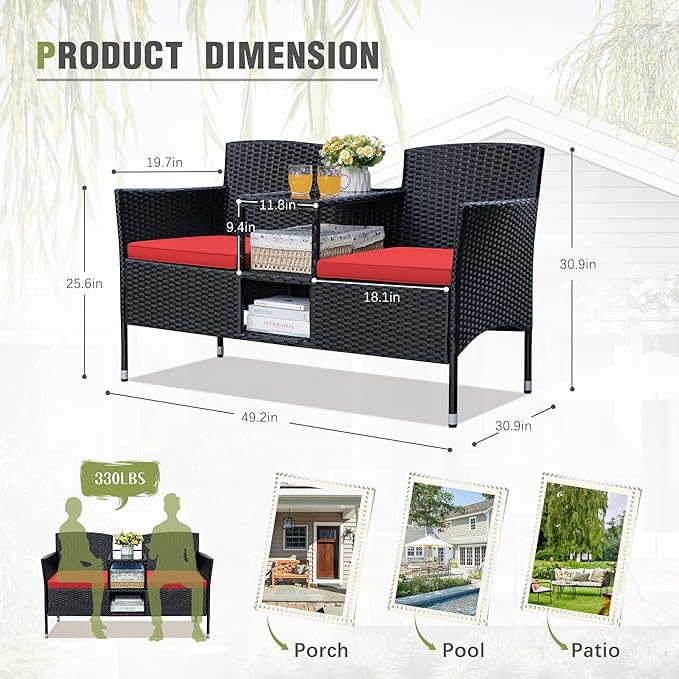 Greesum Patio Loveseat Outdoor Wicker Furniture Conversation Set with Soft Cushions & Built-in Coffee Table for Lawn Garden Backyard, Red