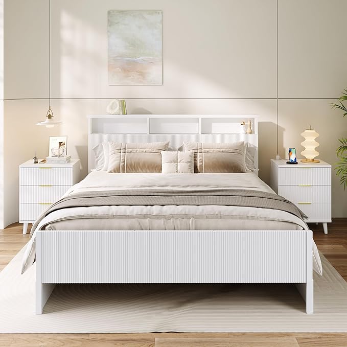 Fluted White Nightstand with USB Charging Station, 3-Drawer Dresser Wood Modern Night Stand Bedside Table with Quiet Drawers & Large Storage End Table for Bedroom