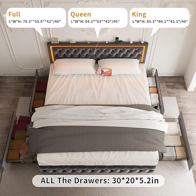 Full Bed Frame with 4 Storage Drawers, Velvet Upholstered Bed Frame Full Size with Charging Station and LED Lights, 46" Adjustable Button Tufted Headboard, No Box Spring Needed, Grey