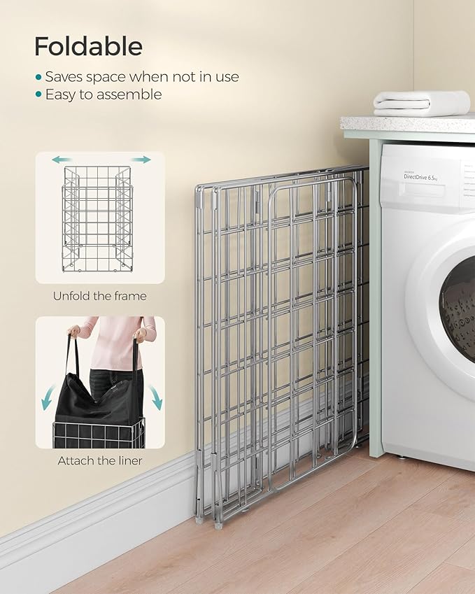 SONGMICS Laundry Hamper, 23.8 Gal. (90L) Laundry Basket, Collapsible Clothes Hamper, Removable and Washable Liner, Metal Wire Frame, for Bedroom Bathroom, Silver and Classic Black ULCB190B01