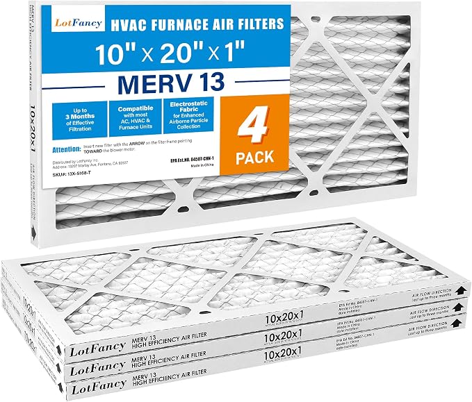 LotFancy 10x20x1 Air Filter MERV 13 4-Pack, Electrostatic Pleated HVAC Furnace