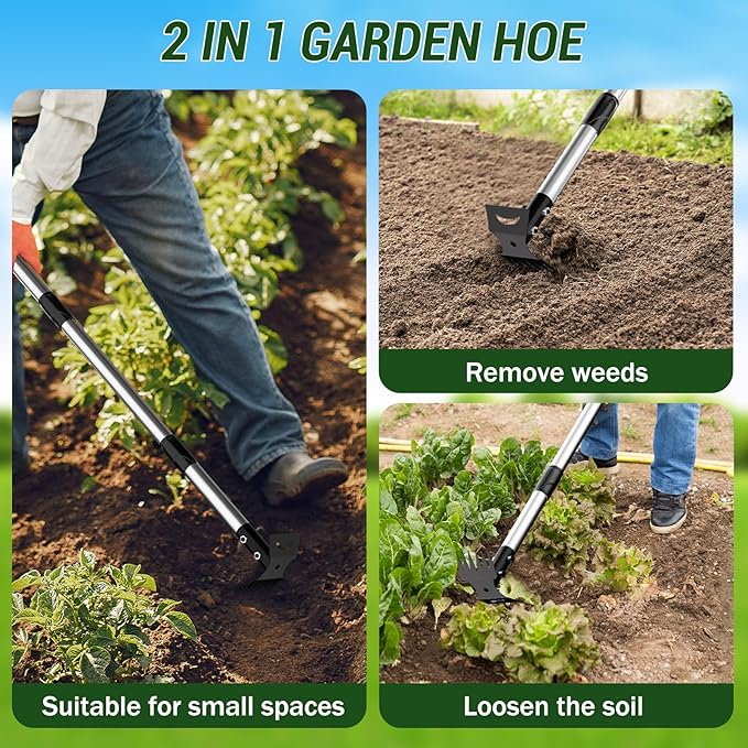 Weed Puller Tool with Long Handle – 2-in-1 Handle Garden Hoe and Weed Rake, Hoe Garden Tool for Home Gardens, Lawns, and Yards