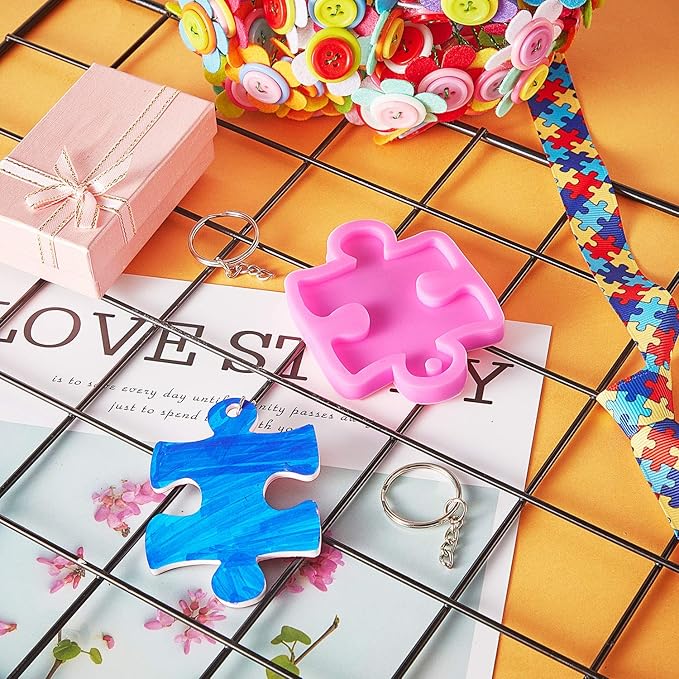 WILLBOND 2 Pcs Puzzle Silicone Mold with 10 Key Rings, Keychain Mold