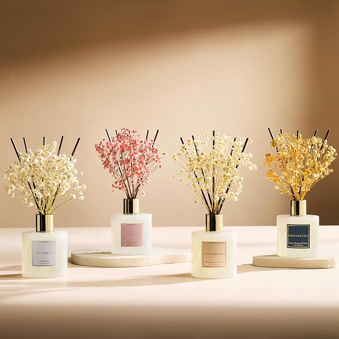 COCORRÍNA Reed Diffuser - Moroccan Amber 6.7 Fl.oz Reed Diffuser Set with Sticks & Preserved Baby's Breath, Reed Diffuser for Home Bathroom Shelf Decor