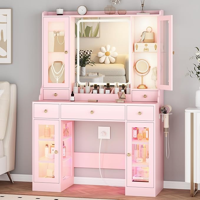 Pink Vanity Desk with Mirror and Lights, Makeup Vanity Table with Lighted Mirror, 5 Drawers & RGB Cabinet, Dressing Table Set with Charging Station for Girls Bedroom, 3 Lighting Modes