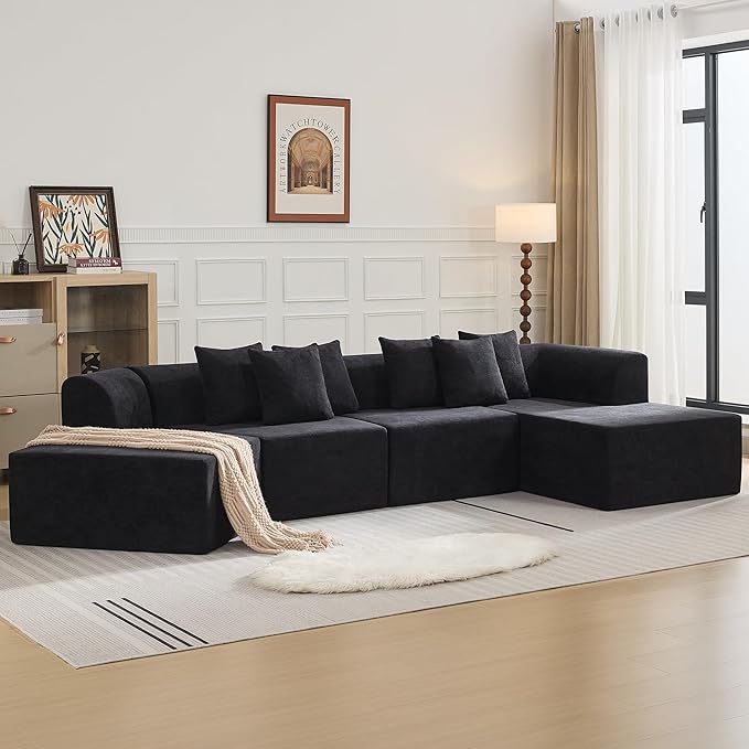 140''Oversized Cloud Velvet Curved Sectional Couch, Boneless Couch with L-Shape Chaise, Upholstered Compression Memory Foam Modular Sectional Sofa for Living Room, No Assembly Required, Black