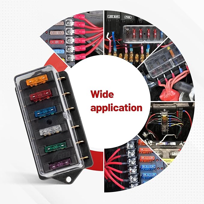 RED WOLF 6 Way Fuse Block Blade Fuse Box with Standard Circuit Fuses for Boat Marine Vehicle Auto RV Car Trailer Truck SUV Power Distribution Panel Waterproof Cover DC 10-32V