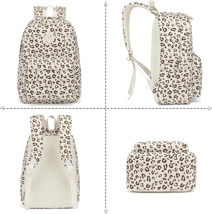 Corduroy Girls Backpack Set, 3PCS School Backpacks for Kids Elementary Middle School Bags with Lunch Box Pencil Case (Beige Corduroy Leopard)