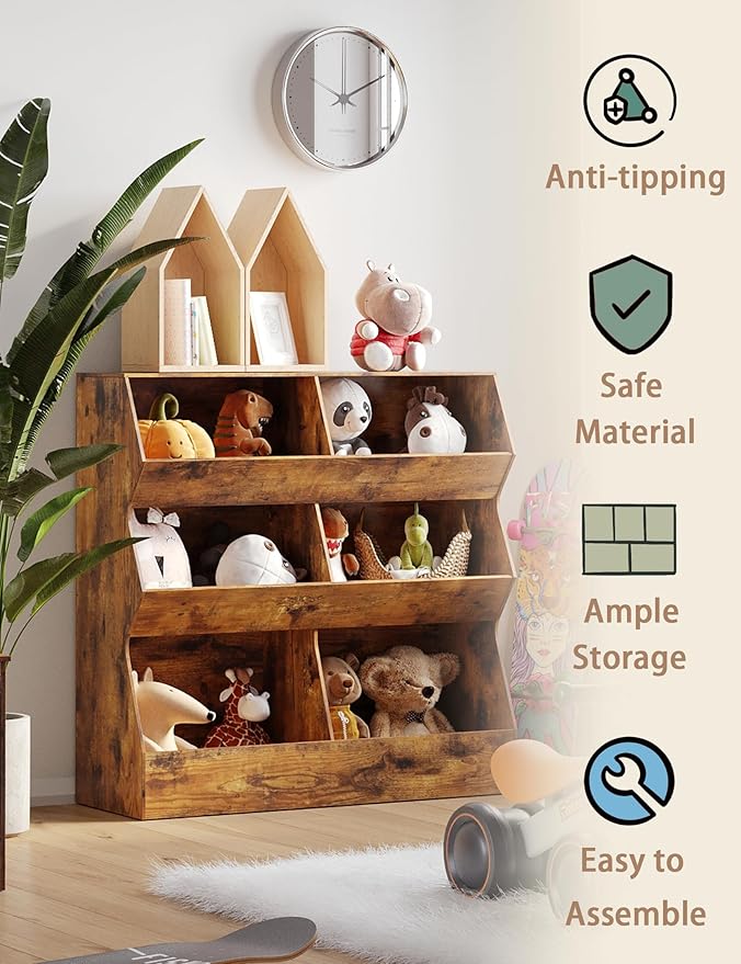 DINZI LVJ Toy Storage Organizer, Kids Bookshelf, Wooden Toy Storage Cabinet, 6 Cubby Children Bookcase, 39.4" L Toddler Book Shelf for Playroom, Living Room, Nursery, Hallway, School, Rustic Brown