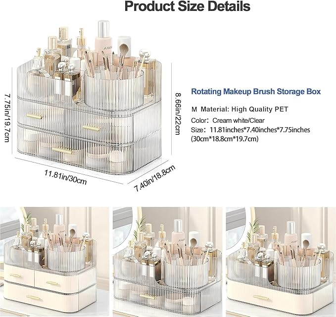DASITON Makeup Organizer with Drawers and Rotating Makeup Brush Holder,Large Capacity Stackable Cosmetic Organizer Countertop,Bathroom Organizers and Storage,Make up Organizers for Vanity (Clear 03)