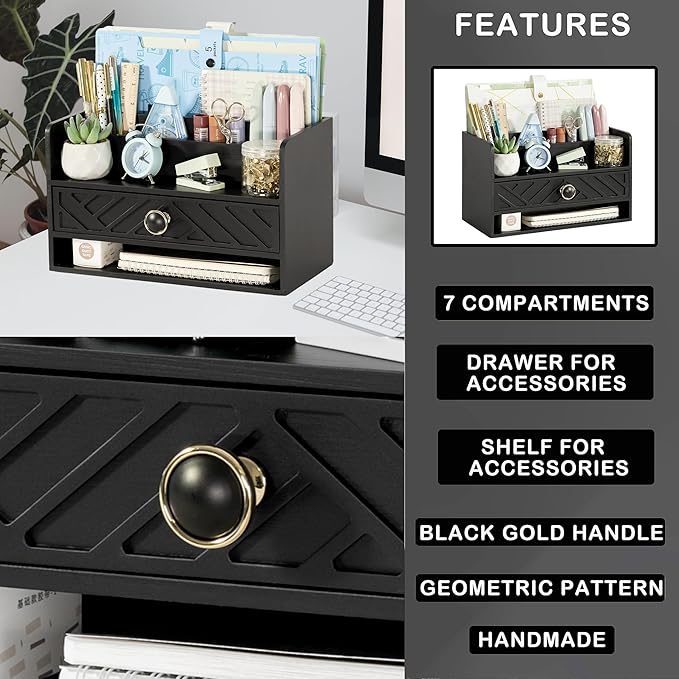 Black Wood Desk Organizer and Accessories with Drawer, Bill Mail Organizer and File Mail Holder for Office Supplies, Desk Accessories & Workspace Organizers for Desk Organization