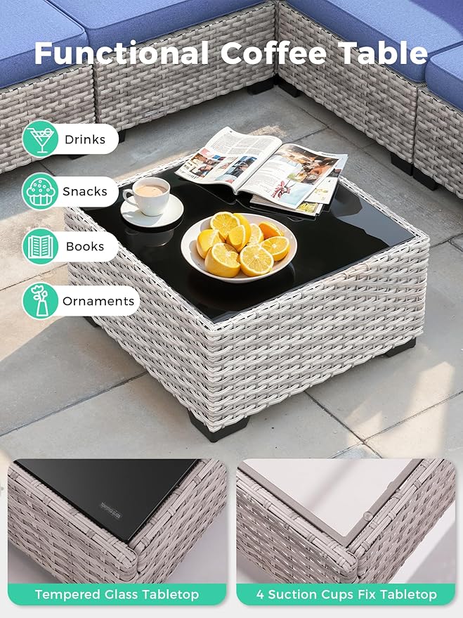 16 Piece Outdoor Wicker Rattan Sectional Sofa Set with Swivel Chairs & Fire Pit Table, 12-Seats with 4" Thickened Cushions & Coffee Table, All-Weather PE Rattan for Garden, Backyard, Porch, Blue