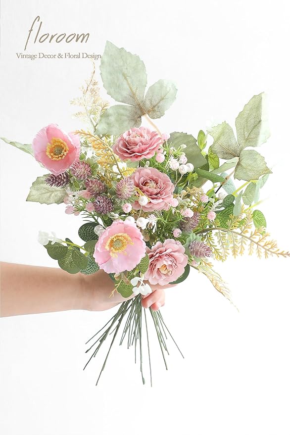 Floroom Artificial Greenery Stems Box Set, 45pcs with 6 Kinds of Faux Greenery Flowers Picks for DIY Bridal Bouquets Wedding Floral Arrangement Table Centerpieces, Dusty Rose & Green
