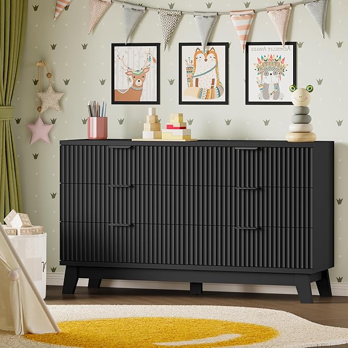 53" Long Dresser for Bedroom, 6-Drawer Dresser with Fluted Fronts, Wide Wood Chest of Drawers, Smooth Metal Slides, Stable Base, Modern Clothes Storage Cabinet for Living Room, Hallway