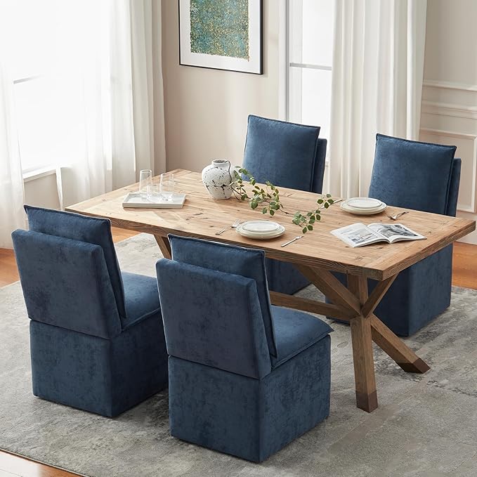 VKNOW Upholstered Dining Chairs, Modern Rolling Chairs with Storage and Wheels, Linen Armless Chair with Cushion and Backrest, Dining Room Chairs for Living Room Kitchen Bedroom, Nav