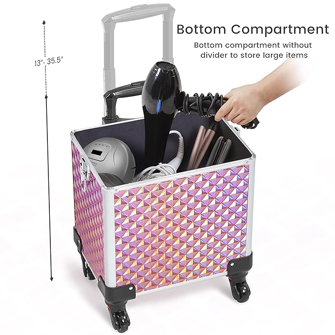 Yaheetech 4 in 1 Professional Makeup Train Case/Rolling Cosmetic Trolley/Makeup Case Organizer/Makeup Travel Case with 4 Detachable Swivel Wheels, Glitter Pink