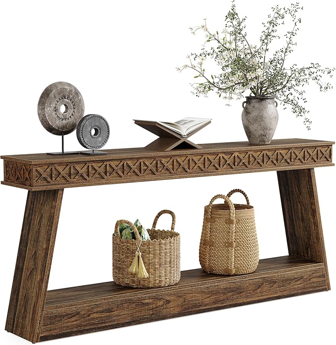 LITTLE TREE 70.87" Long Farmhouse Console Table, 2-Tier Shelf Narrow Accent Entryway Sofa Table for Living Room, Behind Couch, Hallway - Dark Brown