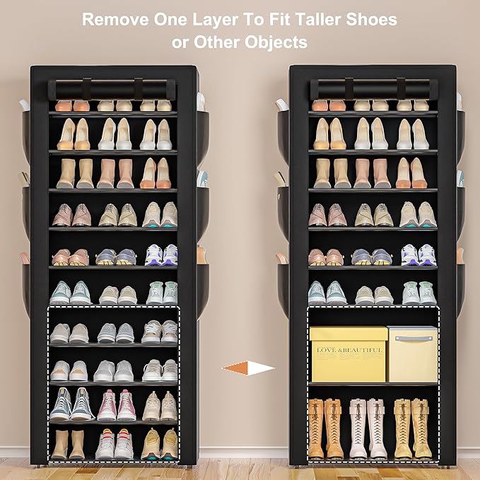 OYREL Large Shoe Rack, Black, 6 Side Pockets, 23.6" Wide x 11.4" Deep x 68.9" Tall, 36-41 Pairs of Shoes