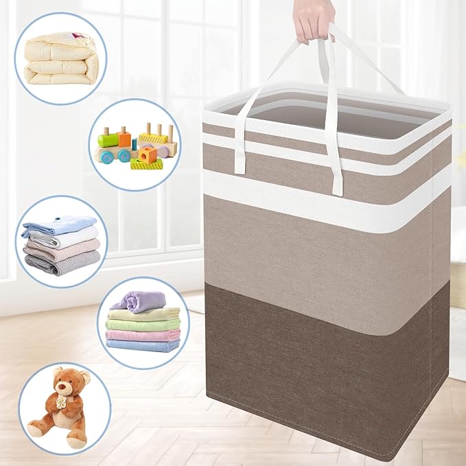 BlissTotes 3-Pack Laundry Basket, Freestanding&Waterproof Laundry Hamper, Collapsible Tall Clothes Hamper with Easy Carry Handles for Clothes, Towels in the Family and Dorm,Gradient Khaki,100L