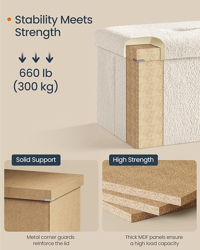SONGMICS Storage Ottoman Bench, Storage Chest, 15 x 30 x 15 Inches, Foot Rest Stool, End of Bed Bench, Load up to 660 lb, for Living Room, Bedroom, Entryway, Cream White ULSF096W01