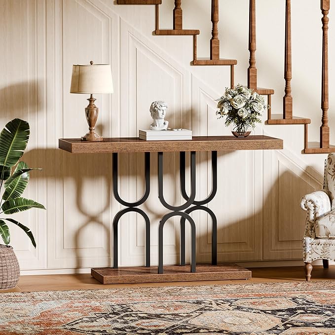 Huuger 47.2 Inch Entryway Table, Industrial Console Sofa Table, Narrow Accent Table, for Entry, Hallway, Entrance, Foyer, U-Shaped Metal Base, Rustic Brown
