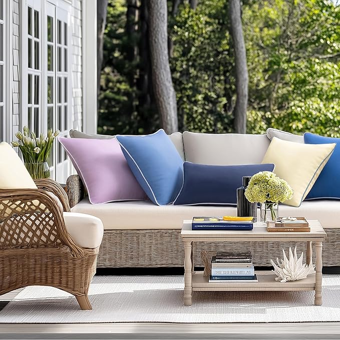 Phantoscope Pack of 2 Outdoor Waterproof Throw Pillow Covers with Contrast Piping, Decorative Square Cushion Case Patio Pillows for Couch Tent Sunbrella, Light Beige 20x20 inches