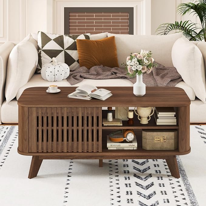 Giantex Coffee Table with Storage, Mid Century Modern Tea Table with Adjustable Shelves & 2 Doors, Wood Coffee Tables w/Fluted Design, Rectangular Farmhouse Center Table for Living Room, Bedroom