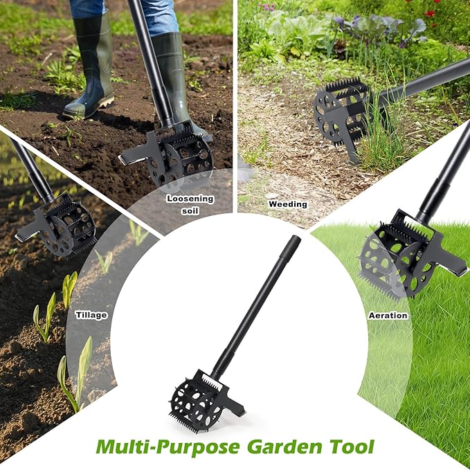 Rotary Cultivator Tool, 2-in-1 Garden Weeder, Crumbler Soil Cultivator Hand Tiller Garden Tool with Sharp Weeding Knife for Soil Mixing, Grass Removal, Lawn Edger, 52 Inch Long