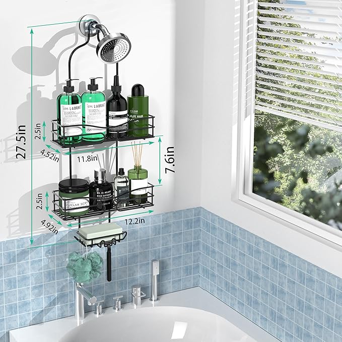 Bathroom Shower Caddy Hanging - 3-Tier Organizer with Soap Holder & 6 Hooks for Towels, Sponge; Fits 21mm Shower Head Arm, Black