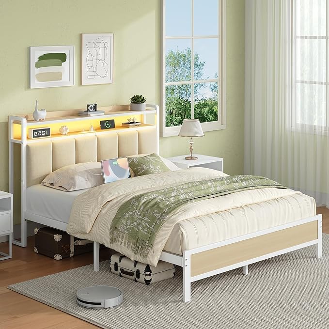 Queen Bed Frame with Charging Station and Storage Headboard, Metal Platform Bed Frame Queen Size with LED Lights, Heavy Duty Metal Slats Support, No Box Spring Needed, Easy Assembly, Beige