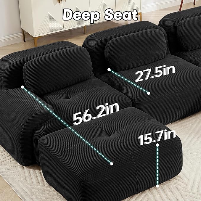 116" Modern Corduroy Cloud Sofa with Ottoman, L Shaped Boneless Modular Large Sectional Couches for Living Room, Black 3 Seater Compressed Memory Foam Couch, Extra Deep Seat, No Assembly
