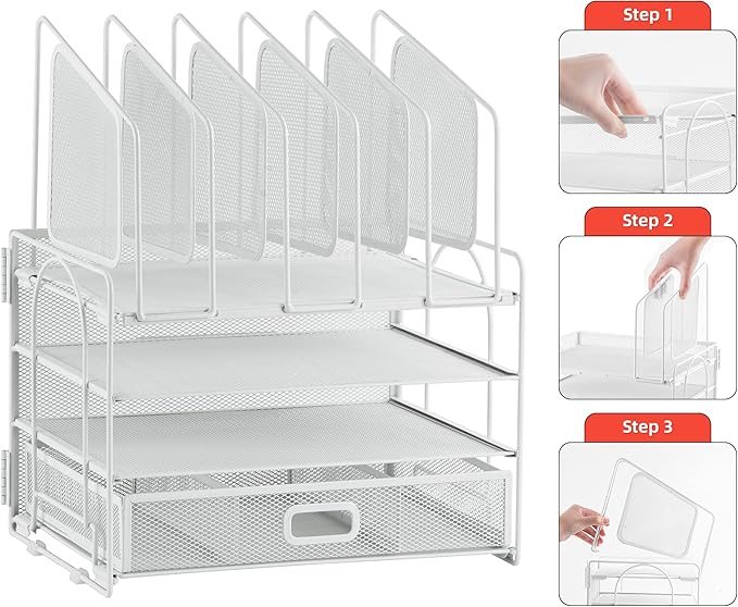 Marbrasse Desk Organizers, 4-Tier Mesh Desk File Organizer with 5 Vertical File Holders and 2 Pen Holders, Multifunction Desktop Organizer,Desk Organizers and Accessories for Home Office (White)