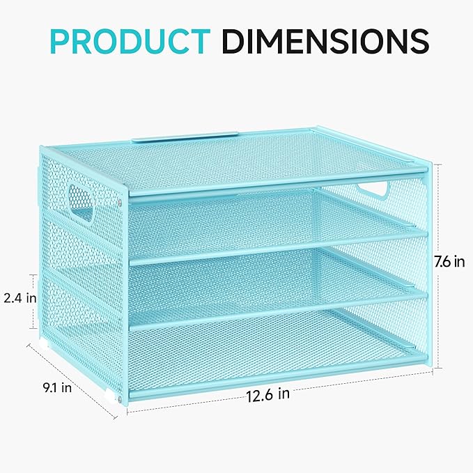 Lavatino 3-Tier Letter Tray Desk Organizer, Mesh Metal Paper File Tray Organizer for Desk, Office Supplies & Home Organization, Fits A4 Paper, Mail, Magazines & Office Accessories (Blue with Handle)