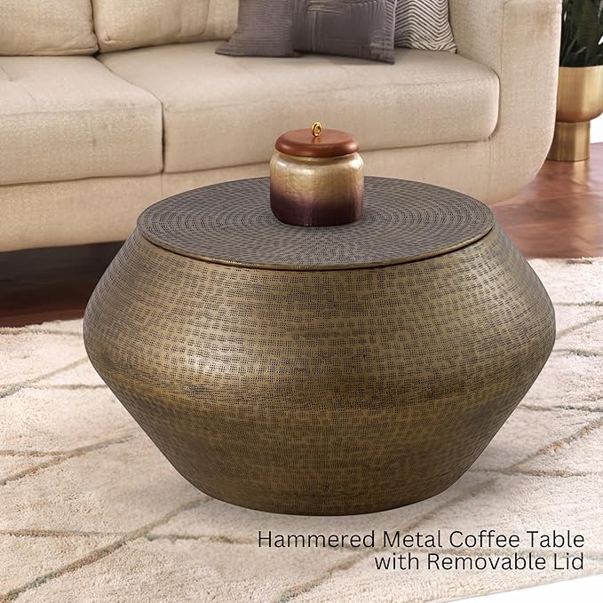 Albany Living Modern Cylindrical Aluminum Hammered Embossed Texturing, Metal Drum Coffee Table with Removable Lid for Storage,Fully Assembled, for The Living Room and Bedroom, Brass