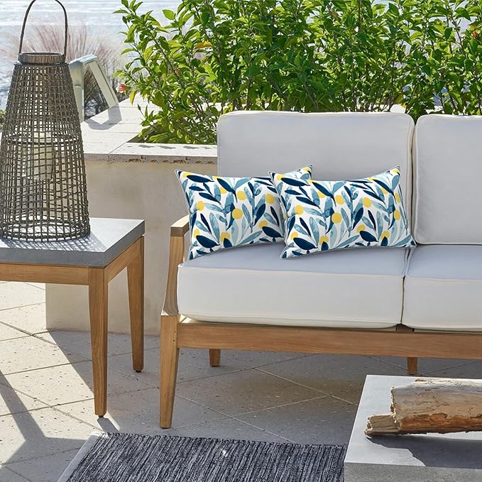 LVTXIII Set of 2 Outdoor Lumbar Pillows for Patio Furniture with White Piping, 12"x20" Fade Resistant Patio Lumbar Pillows with Inserts for Home Coach Sofa Use, Leaves Multi