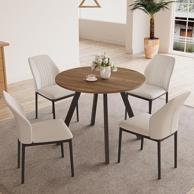 34.6'' Round Dining Table and Chairs for 4 Space Saving for Apartment Kitchen Dining Room (Walnut Table+4 White Chairs)