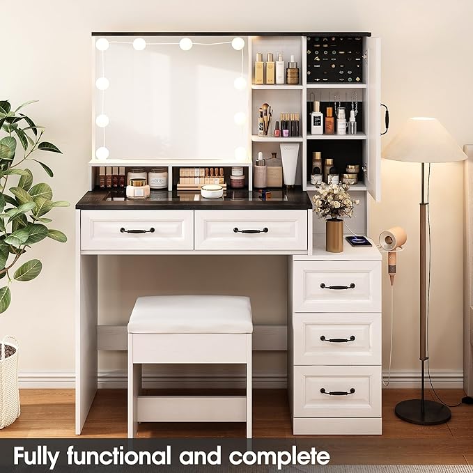 Vabches Makeup Vanity Desk with Lights and Mirror, Black Vanity Table Set with Charging Station, Glass Top Vanity with RGB Lights, Large Mirror with 3 Lighting Modes, 5 Drawers & Cabinet, 40.7in(L)