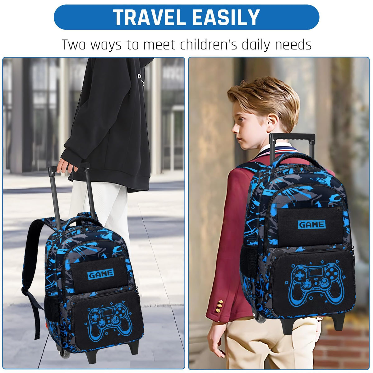 Fitvc Boys Rolling Backpack for Kids - Glow in The Dark Kids Rolling Backpack with Wheels for Elementary Middle School - Gamer Roller School Bookbag Aged 6-18, Wheeled Travel Bag Large Capacity