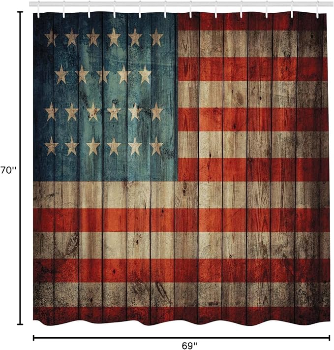 Ambesonne USA Shower Curtain, Fourth of July Independence Day Painted Old Wooden Rustic Background Patriot, Cloth Fabric Bathroom Decor Set with Hooks, 69" W x 70" L, Blue Red