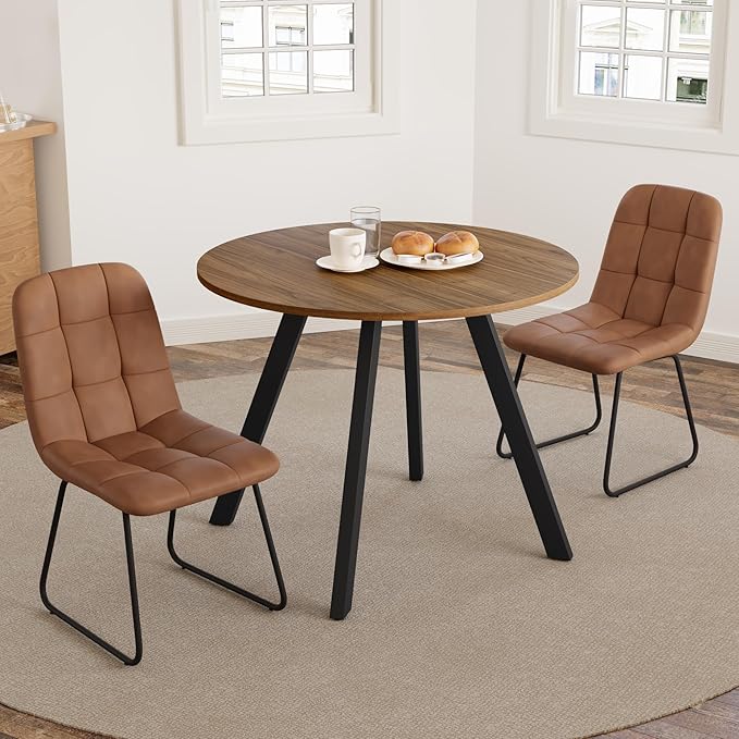 34.6'' Dining Table and Chairs for 2, Mid Century Modern Round Table Set, Space Saving for Apartment Kitchen Dining Room (Walnut Table+2 U-Shaped Brown Chairs)