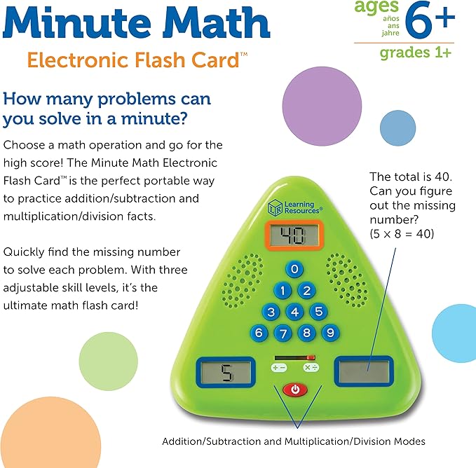 Learning Resources Minute Math Electronic Flash Card - Classroom Must Haves, Homeschool Supplies, Math Manipulatives, Multiplication Chart, Educational Toys for Toddlers, Back to School