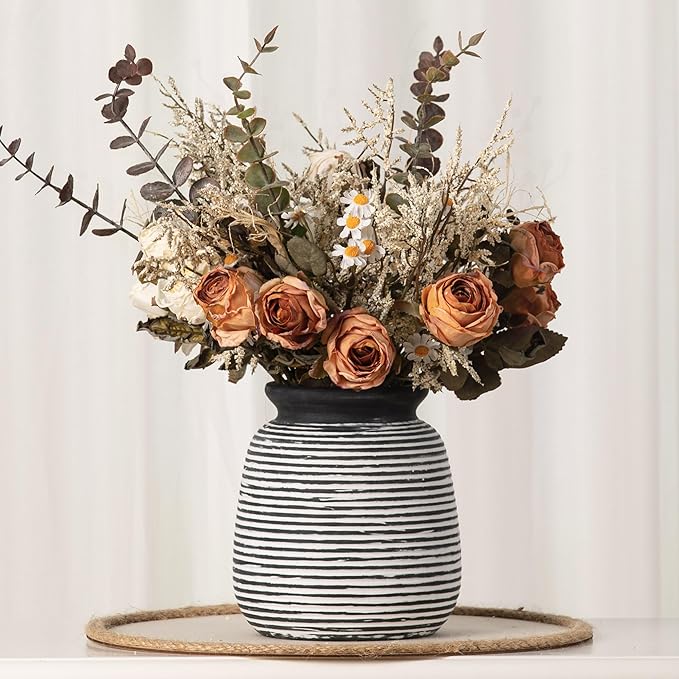 Ceramic Rustic Vase, Small Flower Farmhouse Vases Home Decor, 6“ Short Pottery Decorative Pampas Vase for Table Living Room Entryway Mantel Bookshelf Bedroom Bathroom Kitchen-Black