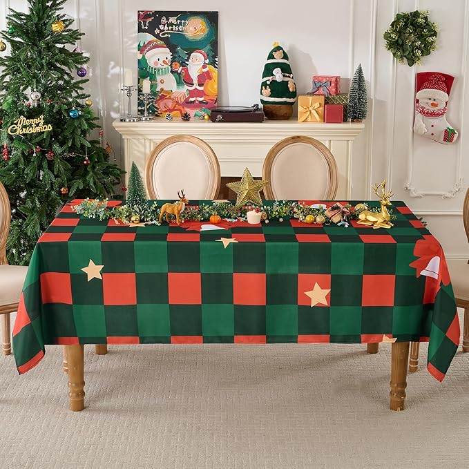 Christmas Tablecloth Rectangular 60x84 Inch for 4ft Waterproof, Machine Washable Checkered Polyester Table Cover for Xmas Party, Winter Holiday Home Decoration in Festive Checkered Star 1pack