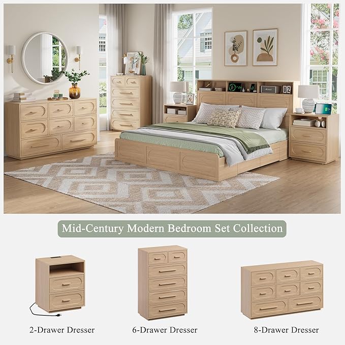 6 Drawer Dresser for Bedroom, 44" Tall Dressers & Chest of Drawers w/Solid Wood Handle, Wood Mid Century Closet Organizers and Storage Cabinet for Bedroom, Living Room, Hallway, Natural Oak