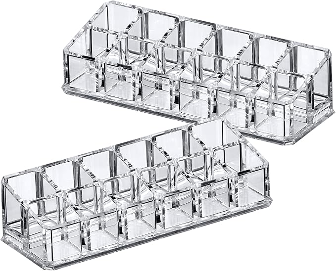 Amazing Abby - Glamour - 2-Pack 12-Slot Acrylic Lipstick Organizer, Lipstick Holder, Lip Gloss Holder, Cosmetic Storage Display, Perfect Storage Solution for Drawer and Vanity (Slot Size: 0.9" x 0.9")