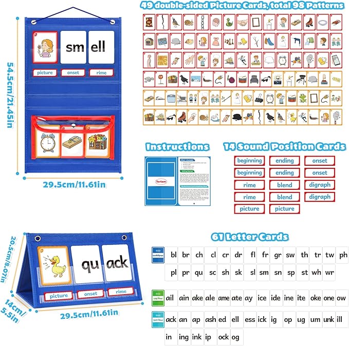 Torlam Blends & Digraphs Pocket Chart, Onset Rime Phonics Games Sight Word Flash Cards, Educational Spelling Reading Learning Blending Board, Elementary Kindergarten Classroom Teachers Must Haves