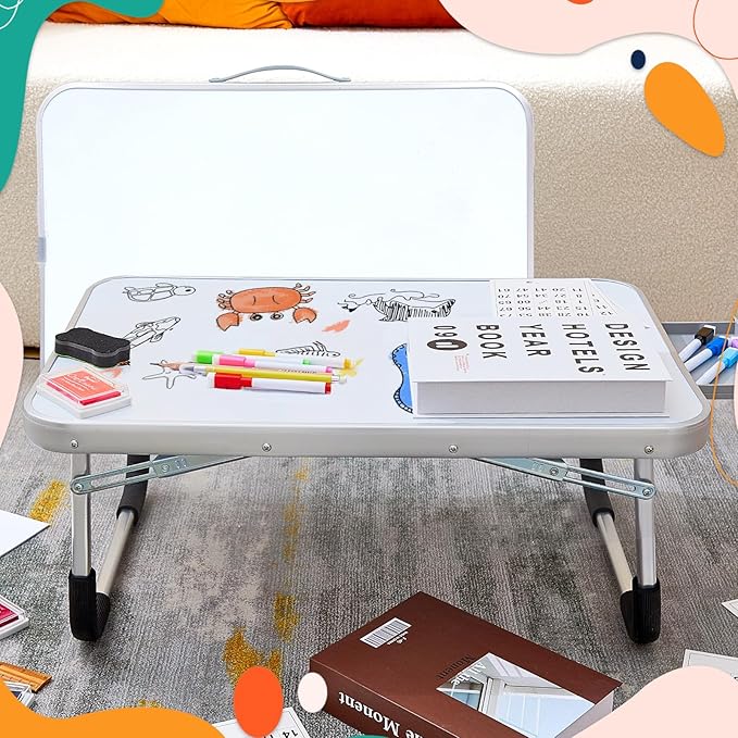 Suzile 1 Pc Lap Desk with Dry Erase Board, 24"x16" Foldable Study Table with Storage Drawer, Markers & Eraser, Portable Learning Desk for Homeschool, Homework & Drawing, Writing, School Supplies